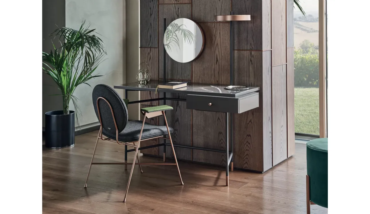 Scrittoio Vanity con top in marmo, cassetto in legno laccato e struttura in acciaio di Bontempi