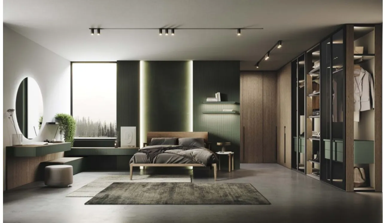Armadio angolare ad ante battenti finitura Rovere e Vetro Fumé con traversi in alluminio Nero opaco Unlimited di Guzzini & Fontana
