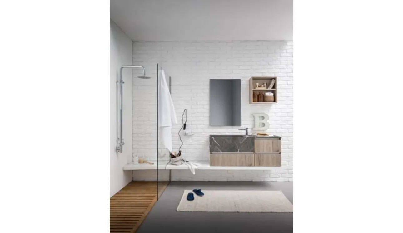 Mobile da Bagno sospeso in melaminico rovere con top e lavabo in marmo grafite 45 13 di Birex