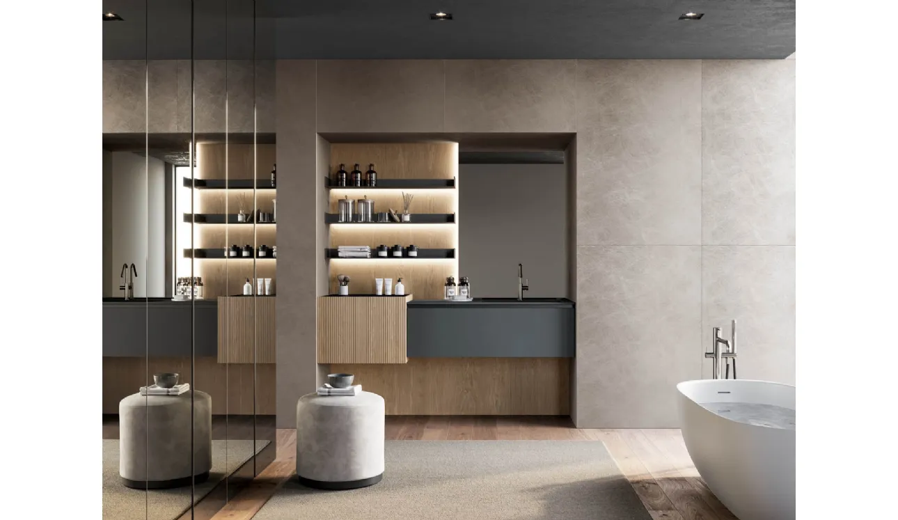 Mobile da Bagno sospeso in fenix grigio bromo e canneté rovere visone Facto 01 di Birex