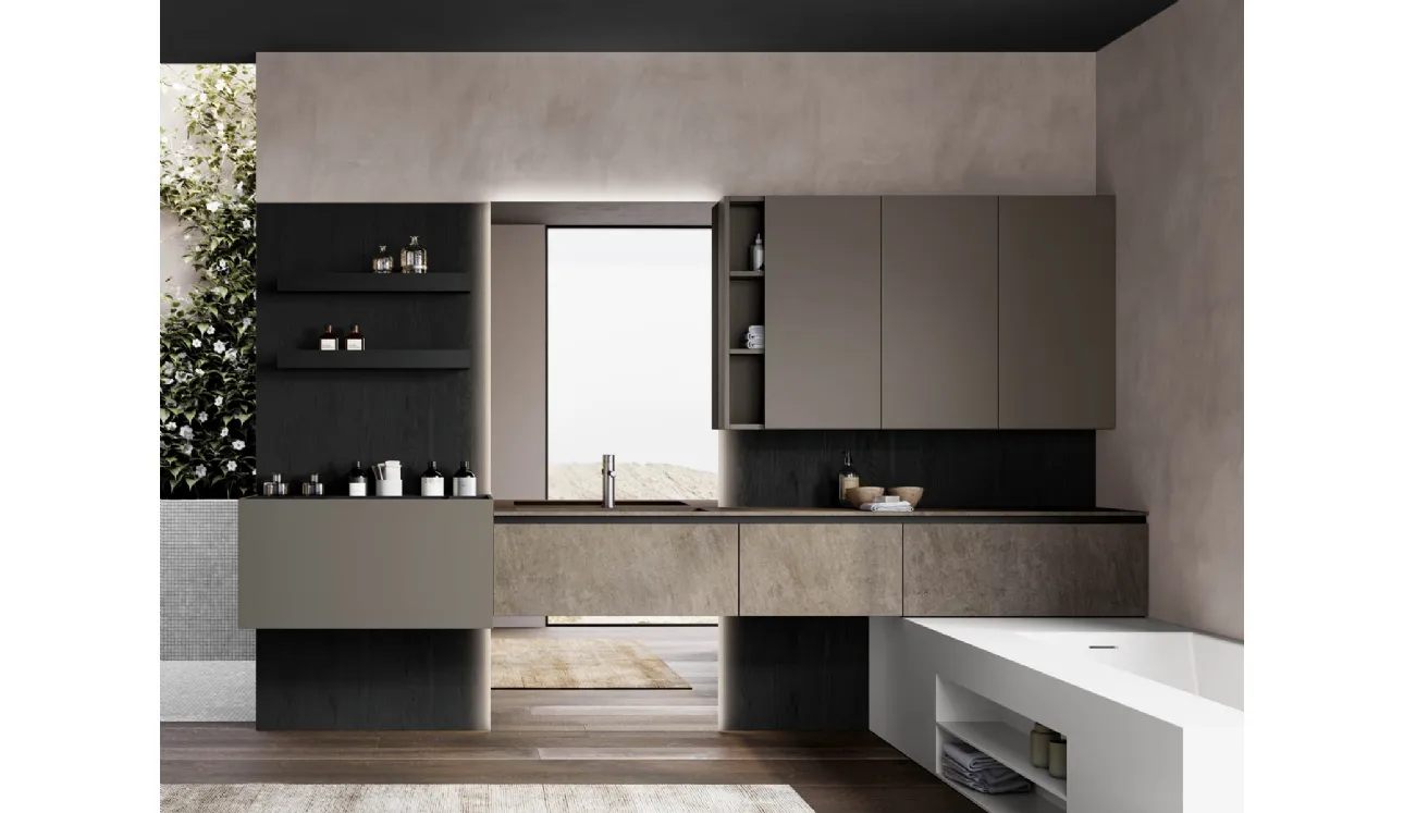 Mobile da Bagno sospeso Facto 02 in gres, laccato ed essenza rovere di Birex