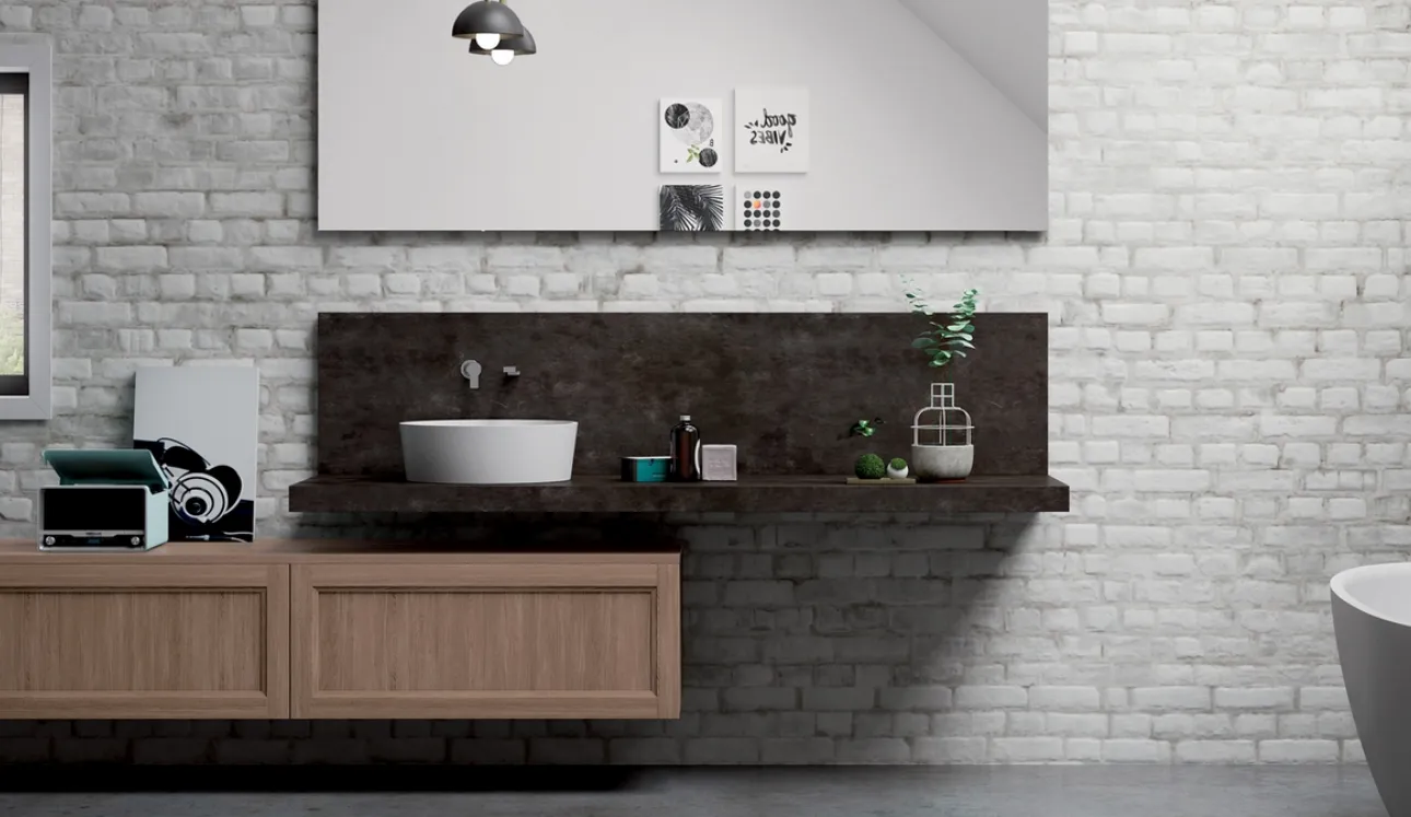 Mobile da Bagno sospeso Frame 2 in legno e pietra di Nova Cucina
