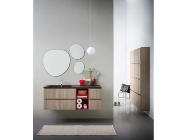Mobile da Bagno sospeso in melaminico con vano a giorno in laccato rosso e top in mineral marmo Lapis 04 di Birex