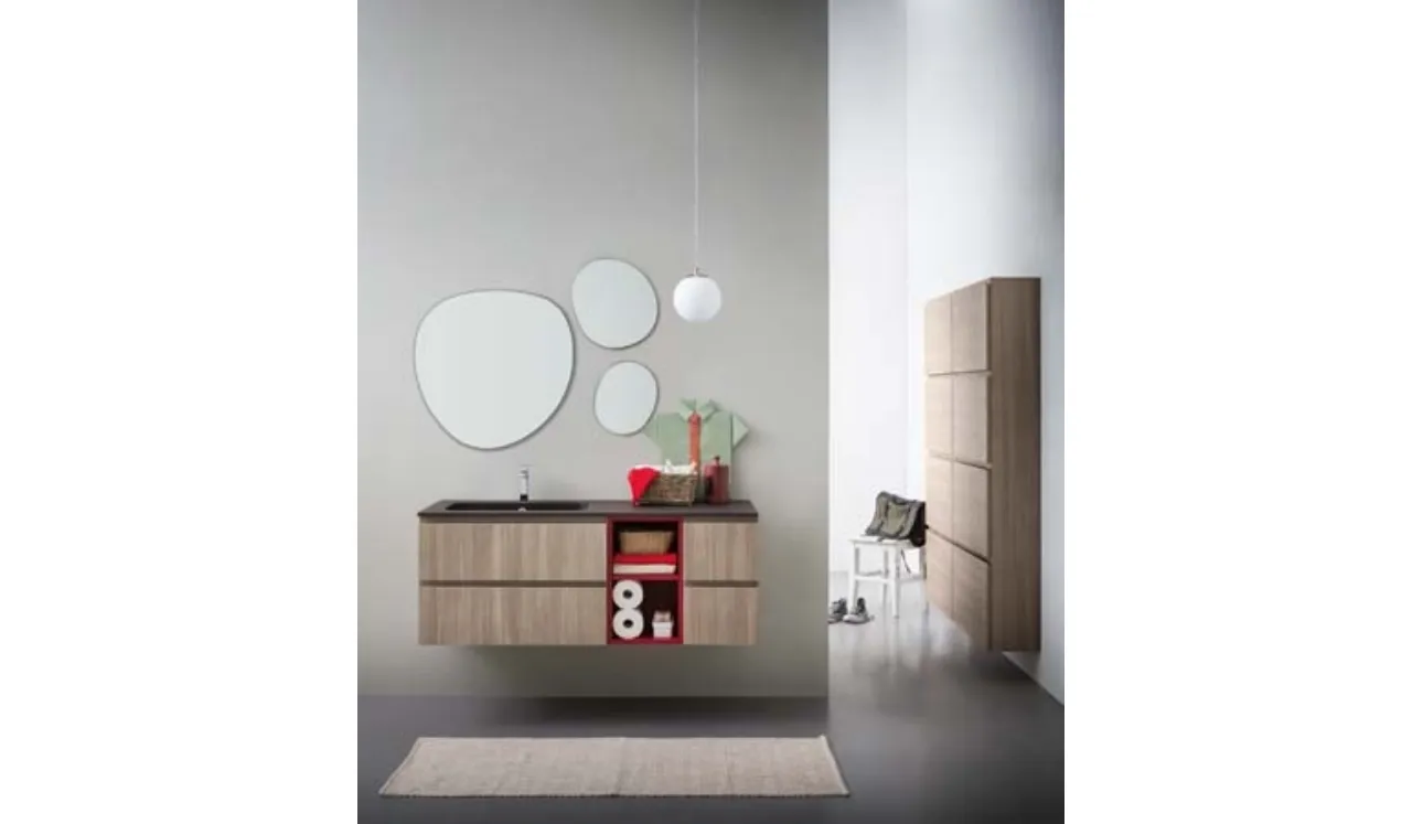 Mobile da Bagno sospeso in melaminico con vano a giorno in laccato rosso e top in mineral marmo Lapis 04 di Birex