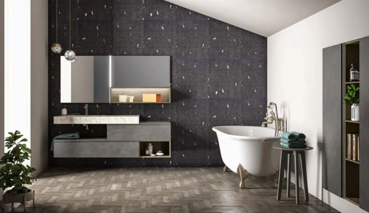 Mobile da bagno sospeso in laccato metallico e rovere con top in gres effetto marmo Memento 03 di Birex