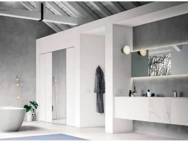 Mobile da Bagno sospeso MK1 02 in laccato bianco opaco e gres marmo statuario di Nova Cucina