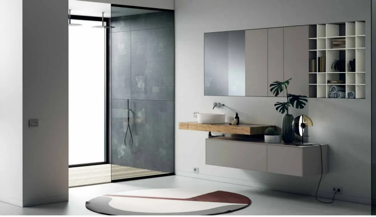 Mobile da Bagno sospeso MK1 03 in laccato opaco e top in Rovere old naturale di Nova Cucina