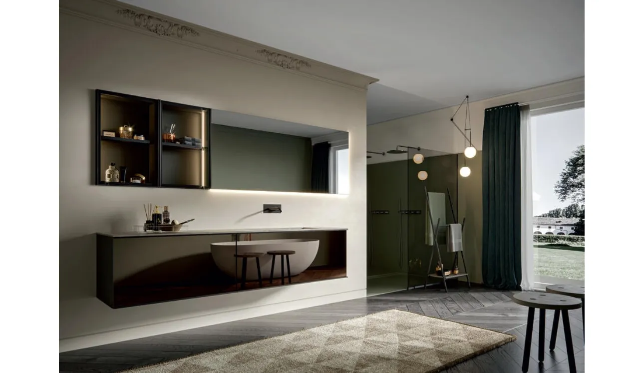Mobile da Bagno sospeso con frontale specchio Fumè e struttura laccato opaco Asfalto con telaio in alluminio Rea 007 di Edoné