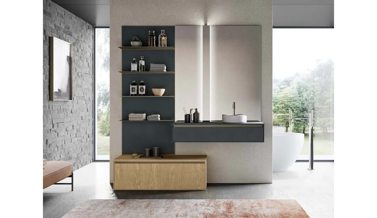 Mobile da Bagno sospeso in laccato opaco grigio antracite e canneté essenza rovere naturale Traccia 06 di Birex