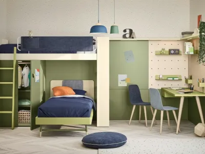 Cameretta a soppalco con scrivania Kids space 11 in melaminico di Nidi
