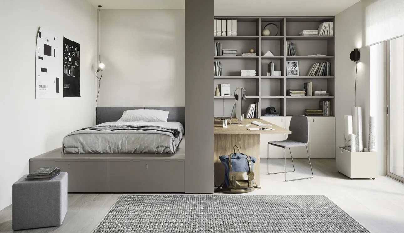 Cameretta componibile con letto su cassettone, scrivania e ampia libreria Next space 02 di Nidi