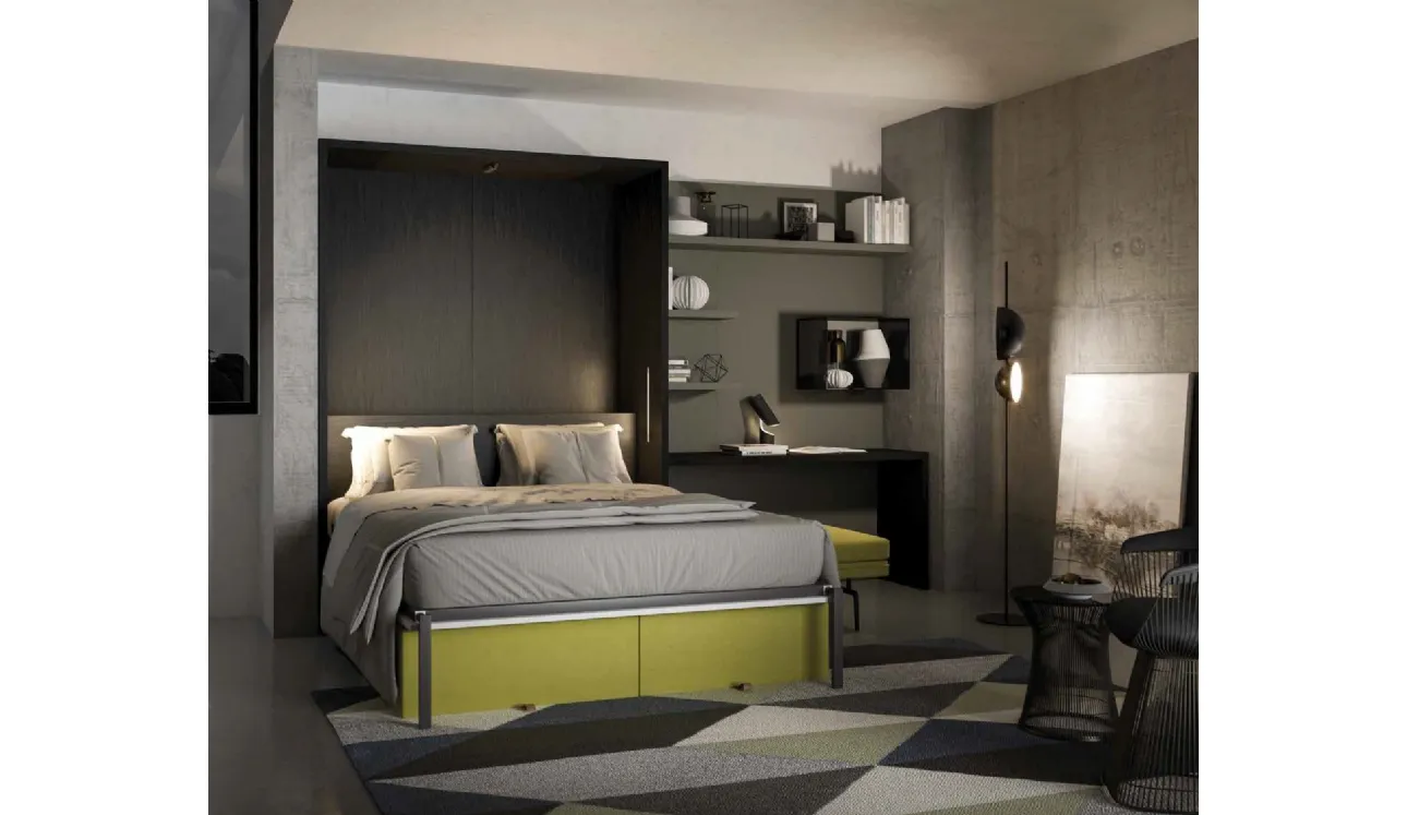 Letto a scomparsa aperto finitura Rovere carbone Block System Comp 250 di Tumidei