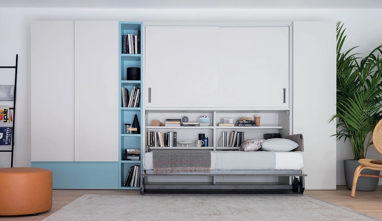Letto singolo a scomparsa aperto con scrivania integrata in laccato opaco Hiro Armadio di Clever