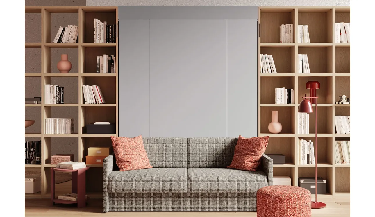 Letto a scomparsa con divano integrato e libreria Im 22 04 Nobu in melaminico Rovere e laccato opaco di Clever