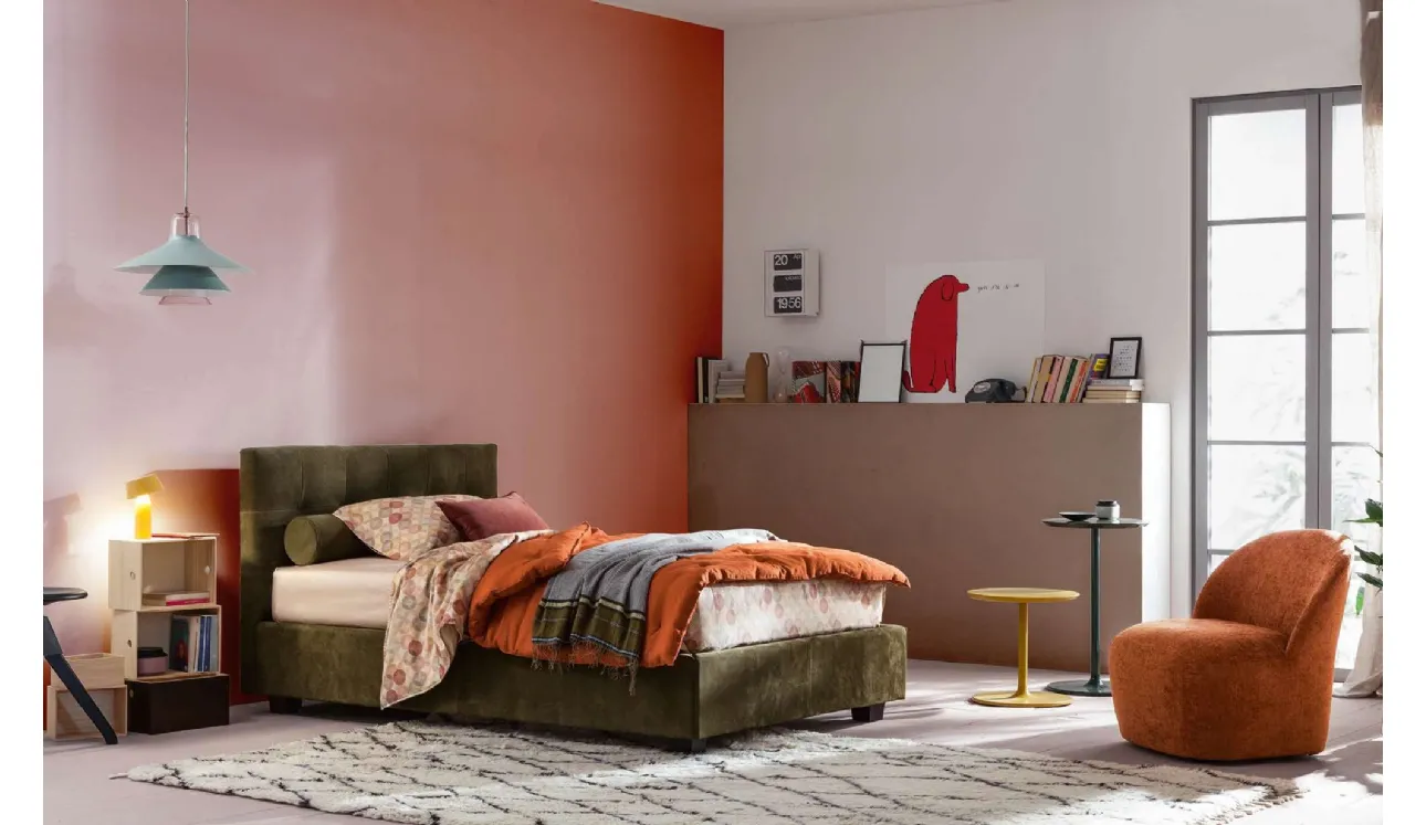 Letto Singolo in tessuto Max Capitonné con contenitore di Twils