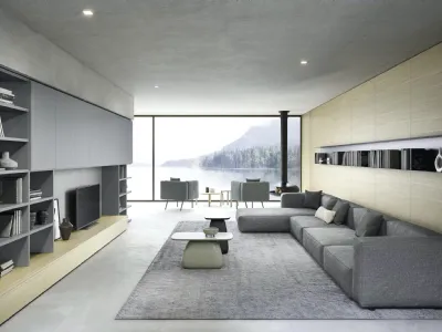 Parete Attrezzata Boiserie 05 in laccato opaco e legno impiallacciato Rovere Chiaro di Novamobili