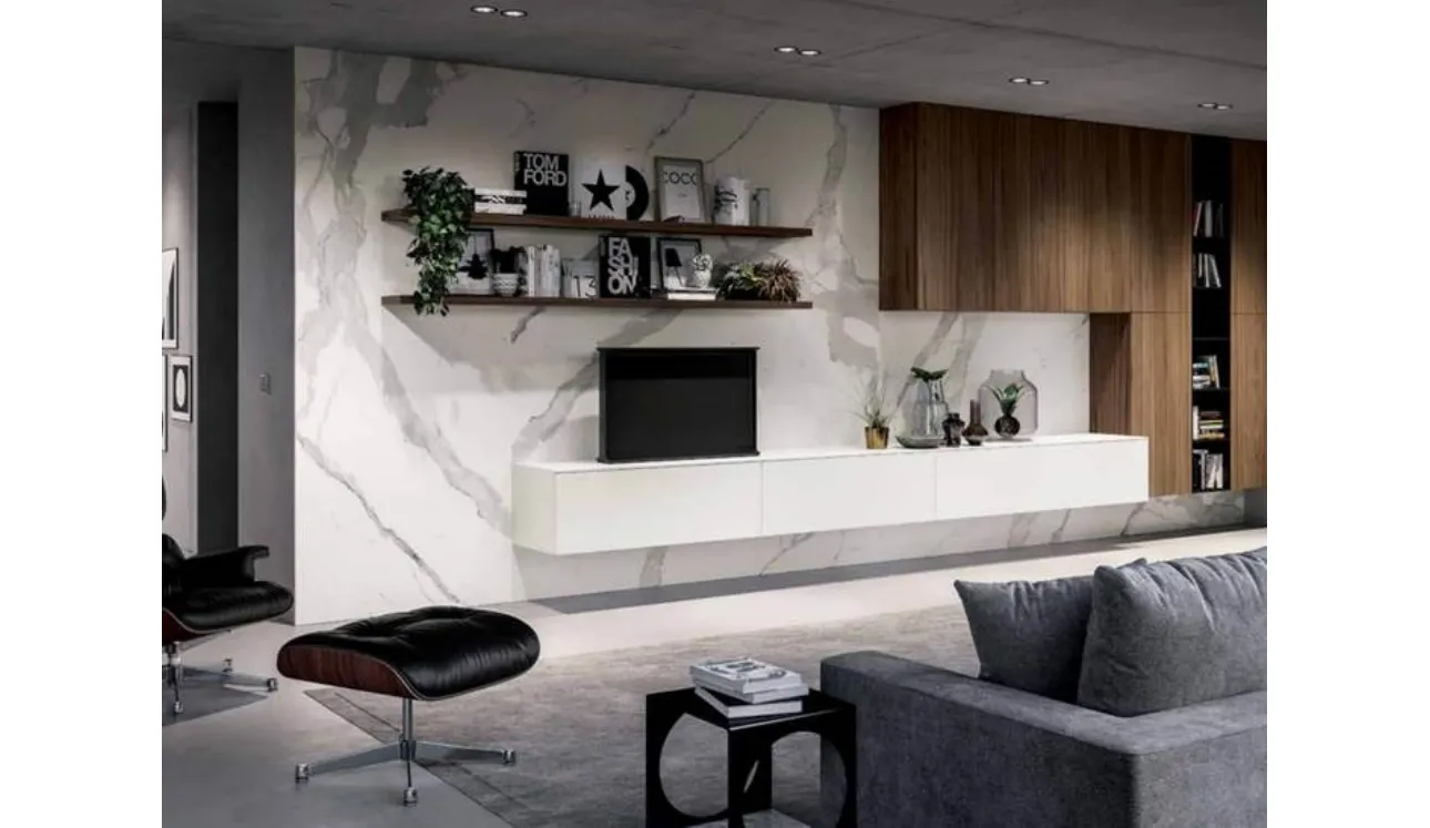 Parete Attrezzata sospesa Fly&Kyton 1 in laccato opaco bianco e legno di Noce Canaletto di Nova Cucina