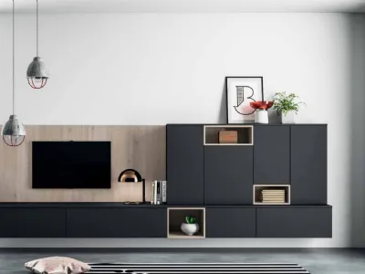 Parete Attrezzata Smart 01 in laminato nero e effetto legno di Nova Cucina