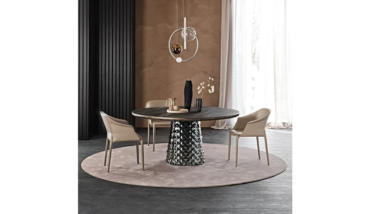 Tavolo con base in cristallo specchiato e piano in ceramica Atrium Keramik Premium Round di Cattelan Italia