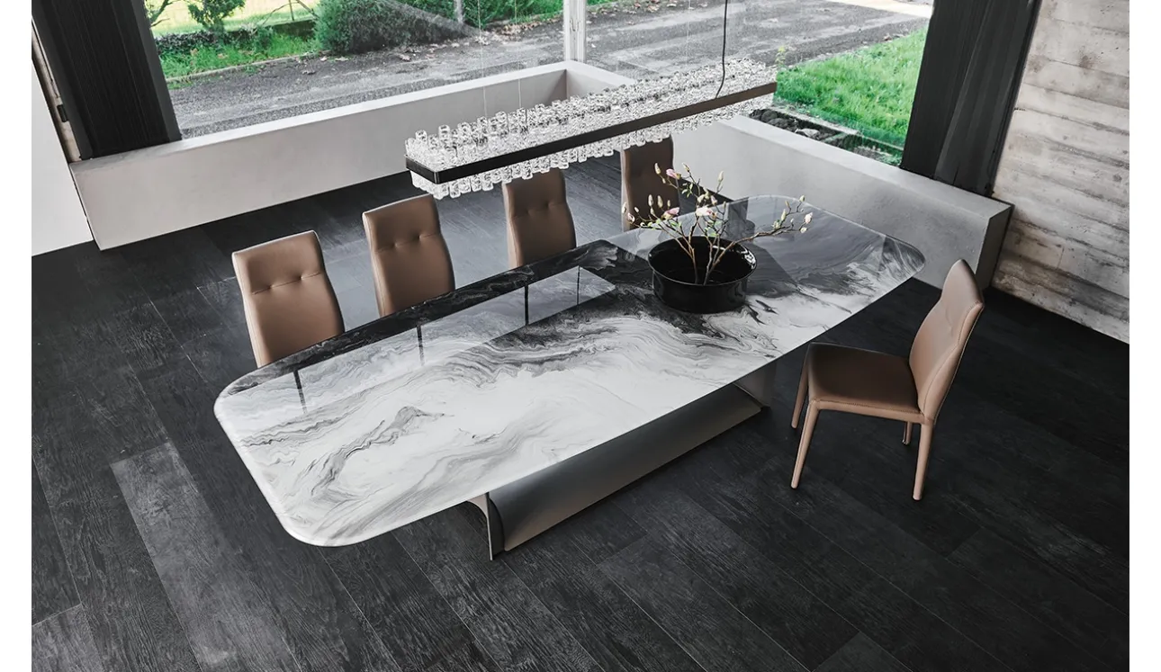 Tavolo con base in acciaio e piano in cristallo con stampa Dragon Crystalart di Cattelan Italia