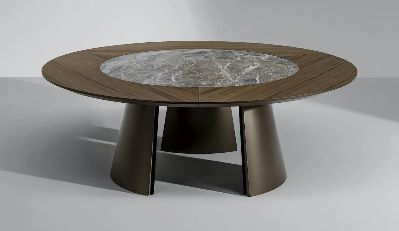 Tavolo rotondo Torii ST con top in legno e ceramica e base in metallo di Bonaldo
