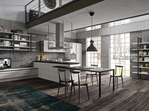 Cucina Classica  con penisola Bellagio in legno laccato Bianco Ghiaccio decapé di Aran