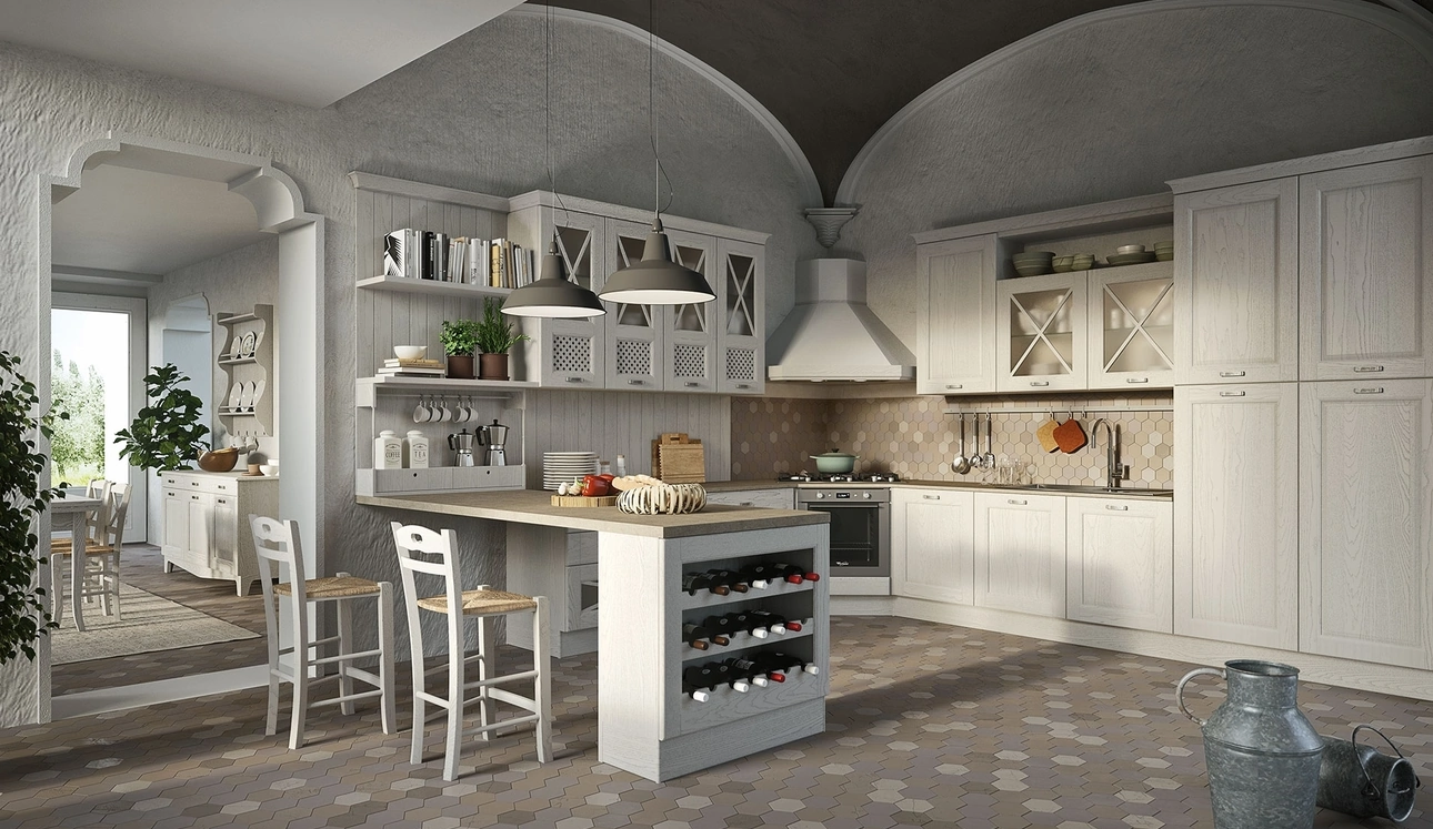 Cucina Classica con penisola Bellagio in Frassino Bianco di Aran