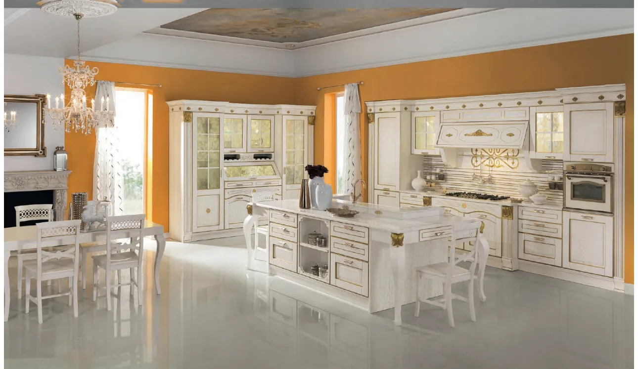 Cucina Classica con isola Imperial Elegance in Frassino Bianco canapa decapato e foglia oro di Aran