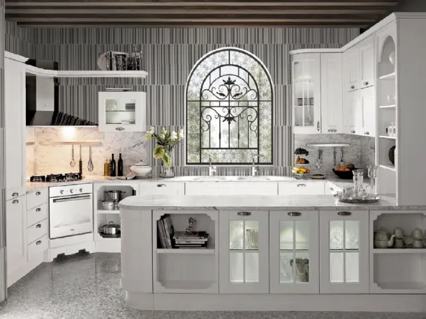 Cucina Classica Imperial Glamour angolare in Frassino Bianco Canapa laccato a poro aperto di Aran