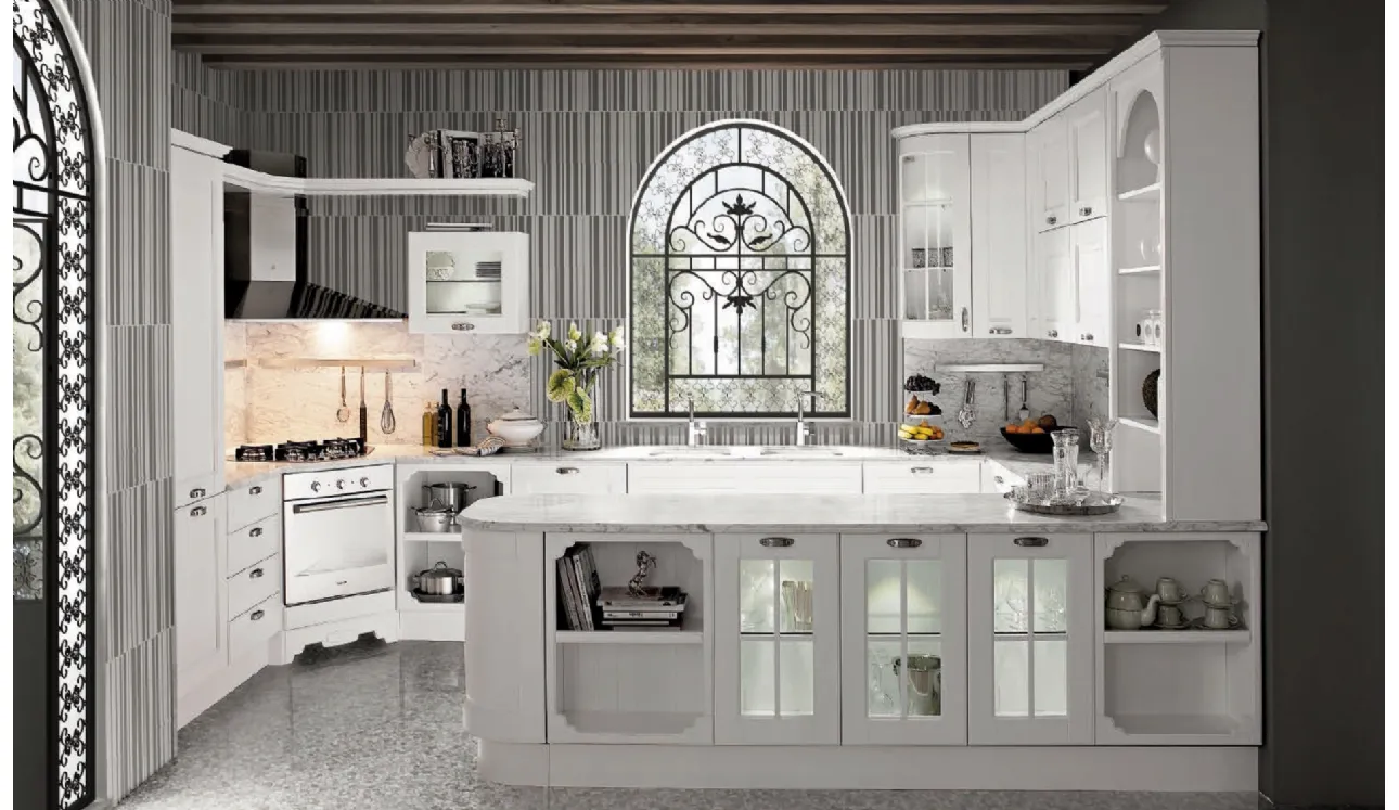 Cucina Classica Imperial Glamour angolare in Frassino Bianco Canapa laccato a poro aperto di Aran