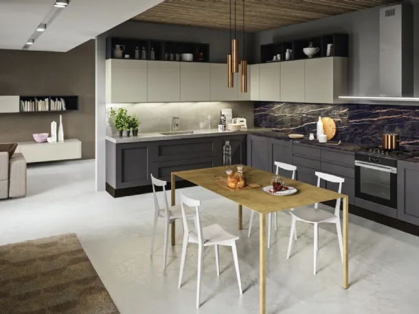 Cucina Classica angolare Licia in legno di Rovere Grigio Antracite e Grigio Seta di Aran