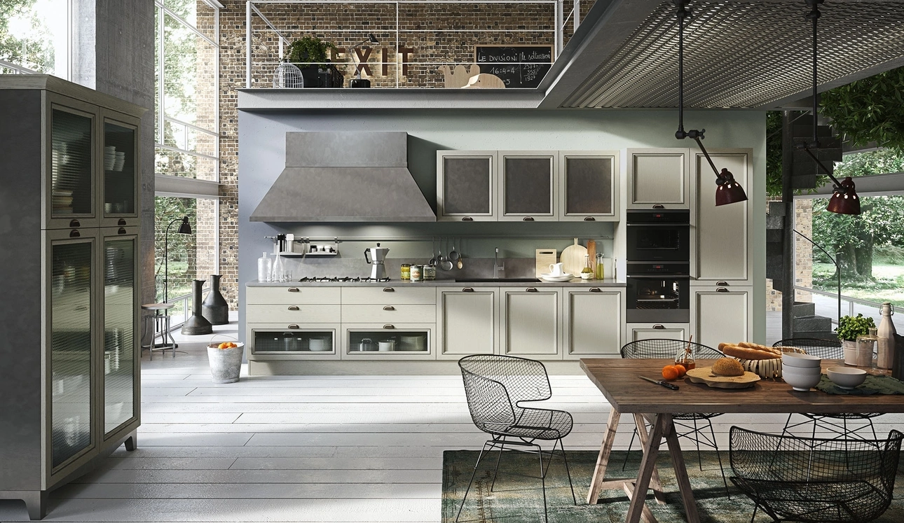 Cucina Classica lineare Magistra in Frassino laccato Verde con inserto in metallo invecchiato di Aran 