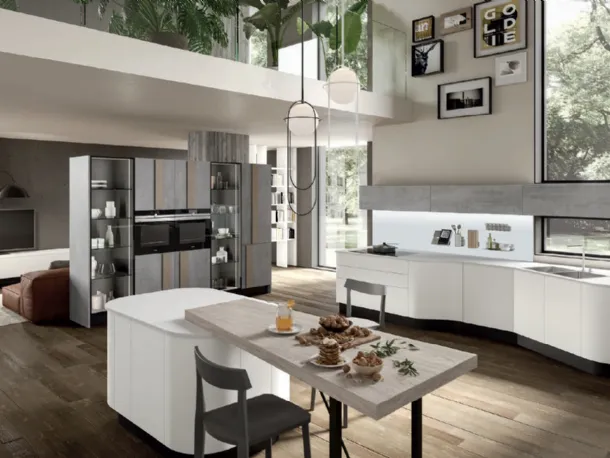 Cucina Design dalla forma asimmetrica con isola Erika in LPL Bianco di Aran