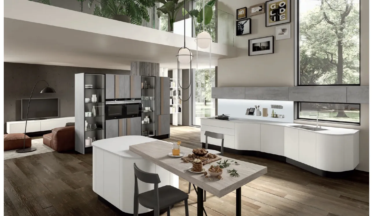 Cucina Design dalla forma asimmetrica con isola Erika in LPL Bianco di Aran