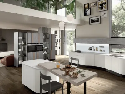 Cucina Design dalla forma asimmetrica con isola Erika in LPL Bianco di Aran