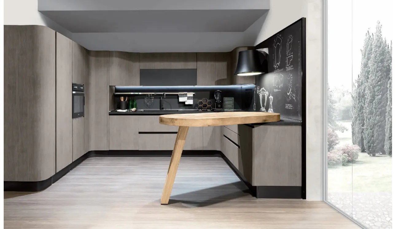 Cucina Design angolare con penisola Penelope in natural Ash con piano snack in ulivo massello di Aran