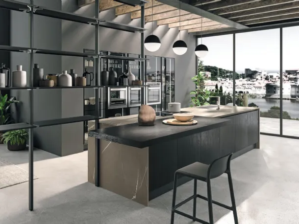 Cucina Design con isola Volare in Rovere Moka e laminato di Aran