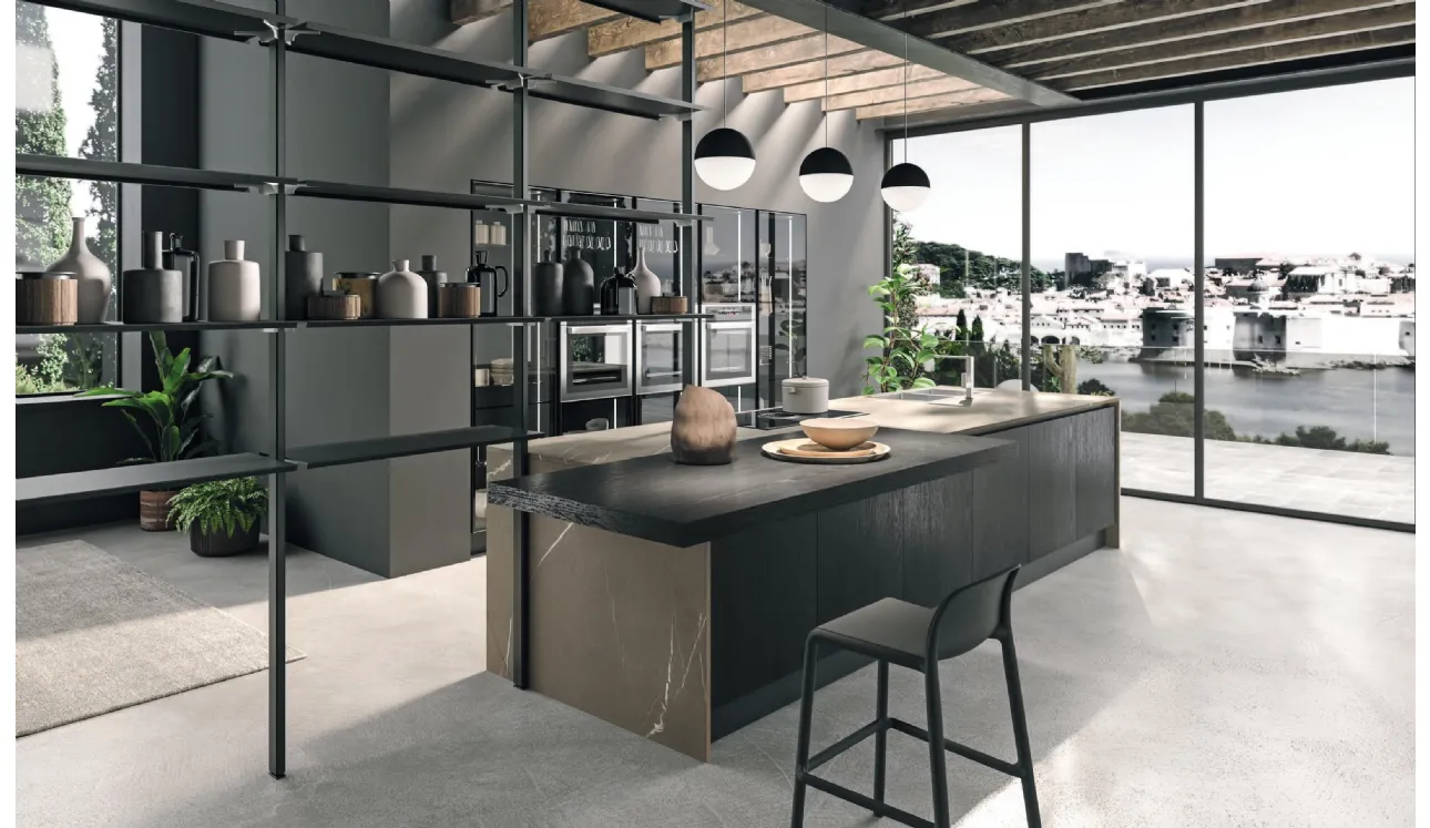 Cucina Design con isola Volare in Rovere Moka e laminato di Aran