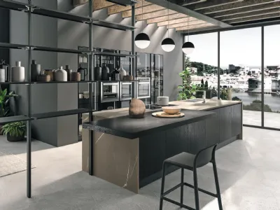 Cucina Design con isola Volare in Rovere Moka e laminato di Aran