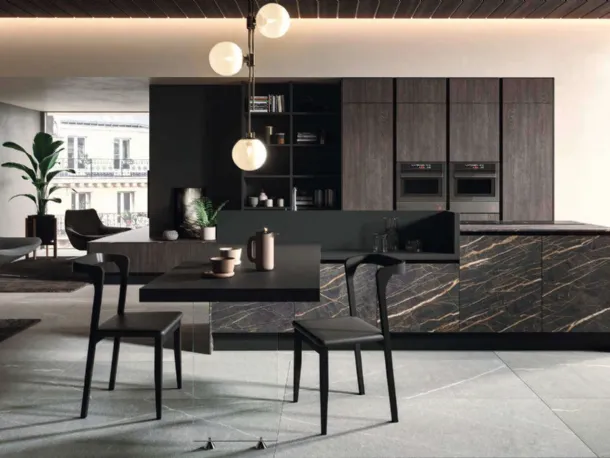 Cucina Design con isola Bijou in grès cava noir desir di Aran