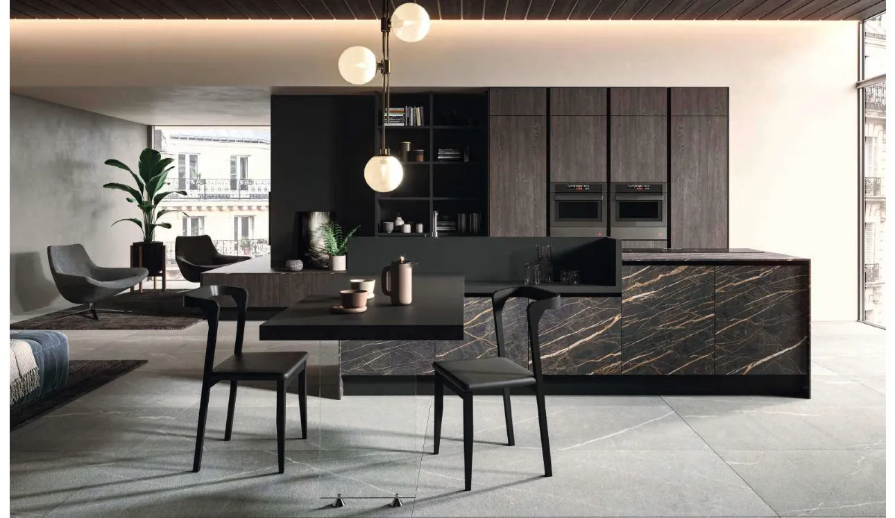 Cucina Design con isola Bijou in grès cava noir desir di Aran