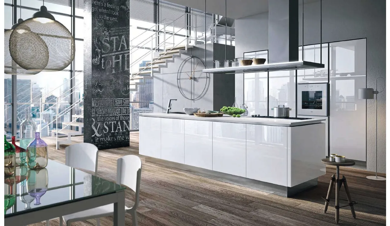 Cucina Design con isola Bijou in vetro Bianco lucido di Aran