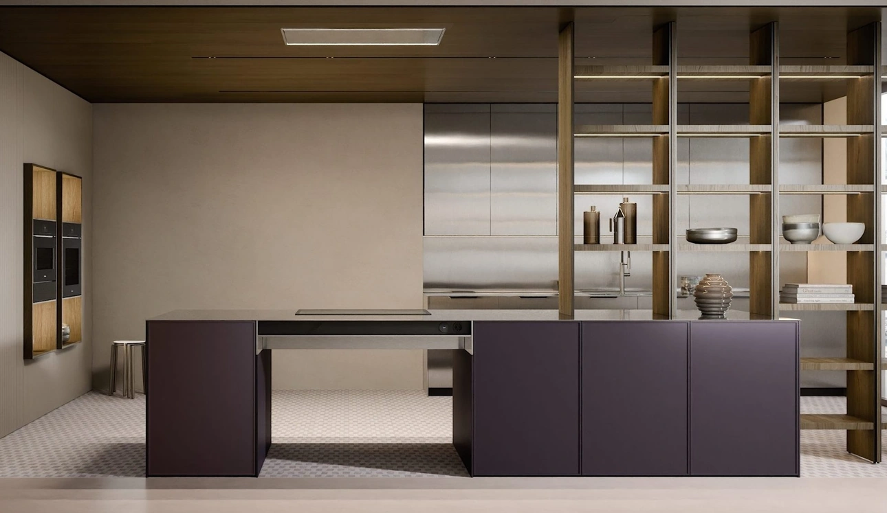 Cucina Design con penisola C07 in laccato, legno e acciaio di Copat Life