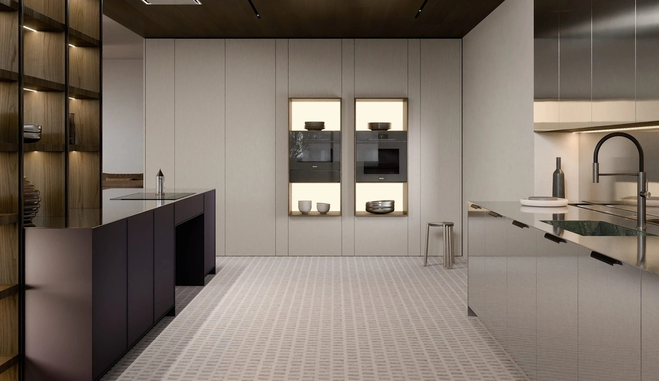 Cucina Design con penisola C07 in laccato, legno e acciaio di Copat Life