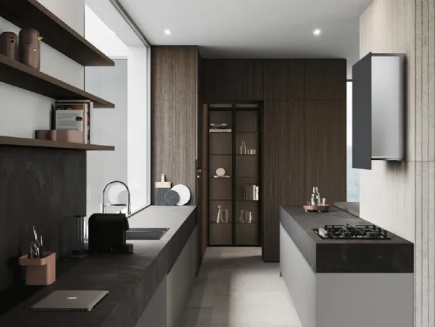 Cucina Design con penisola in melaminico con top in laminato HPL finitura stone black Sistemi 2|1|E#20 di Copat Life