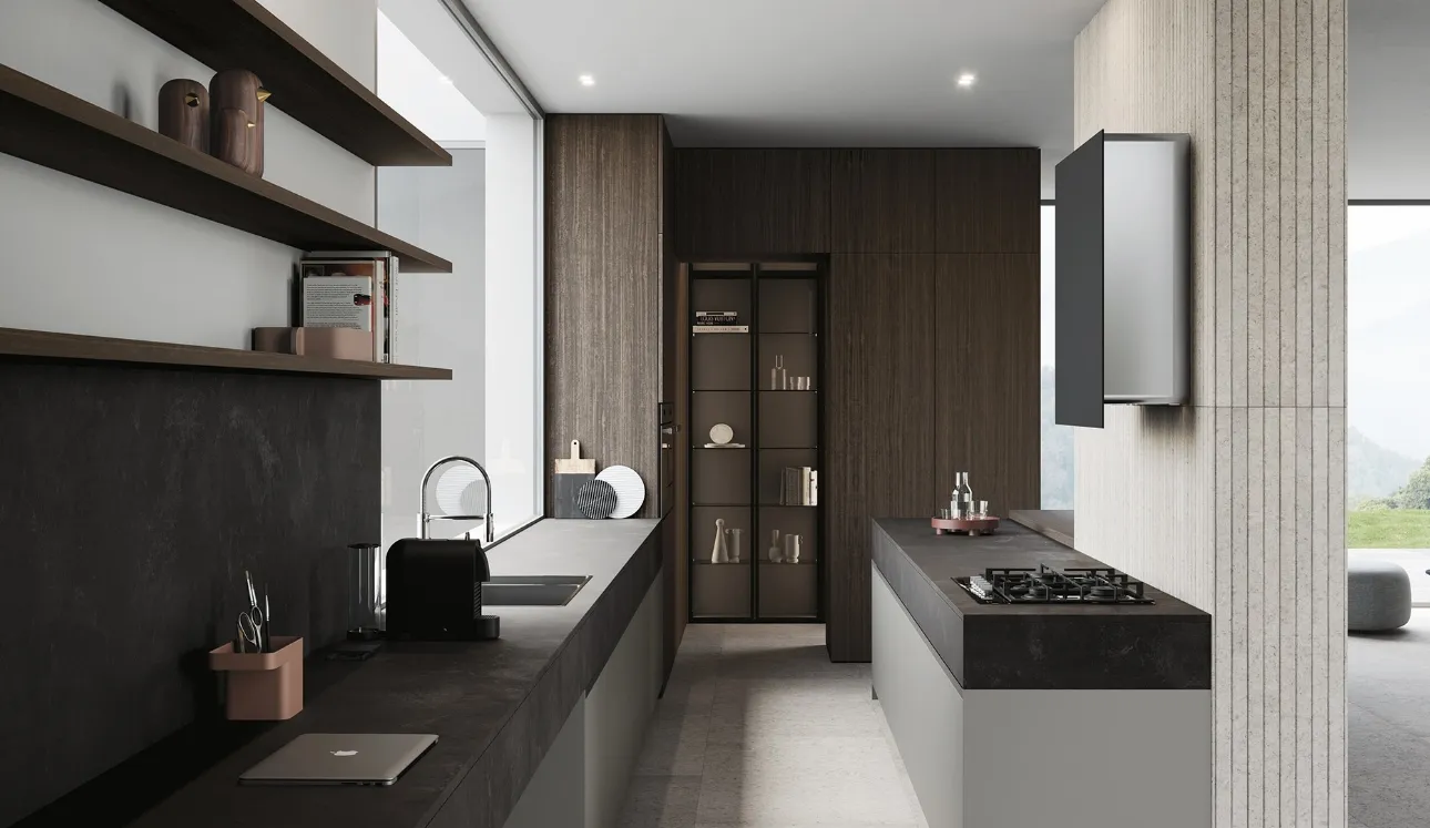 Cucina Design con penisola in melaminico con top in laminato HPL finitura stone black Sistemi 2|1|E#20 di Copat Life