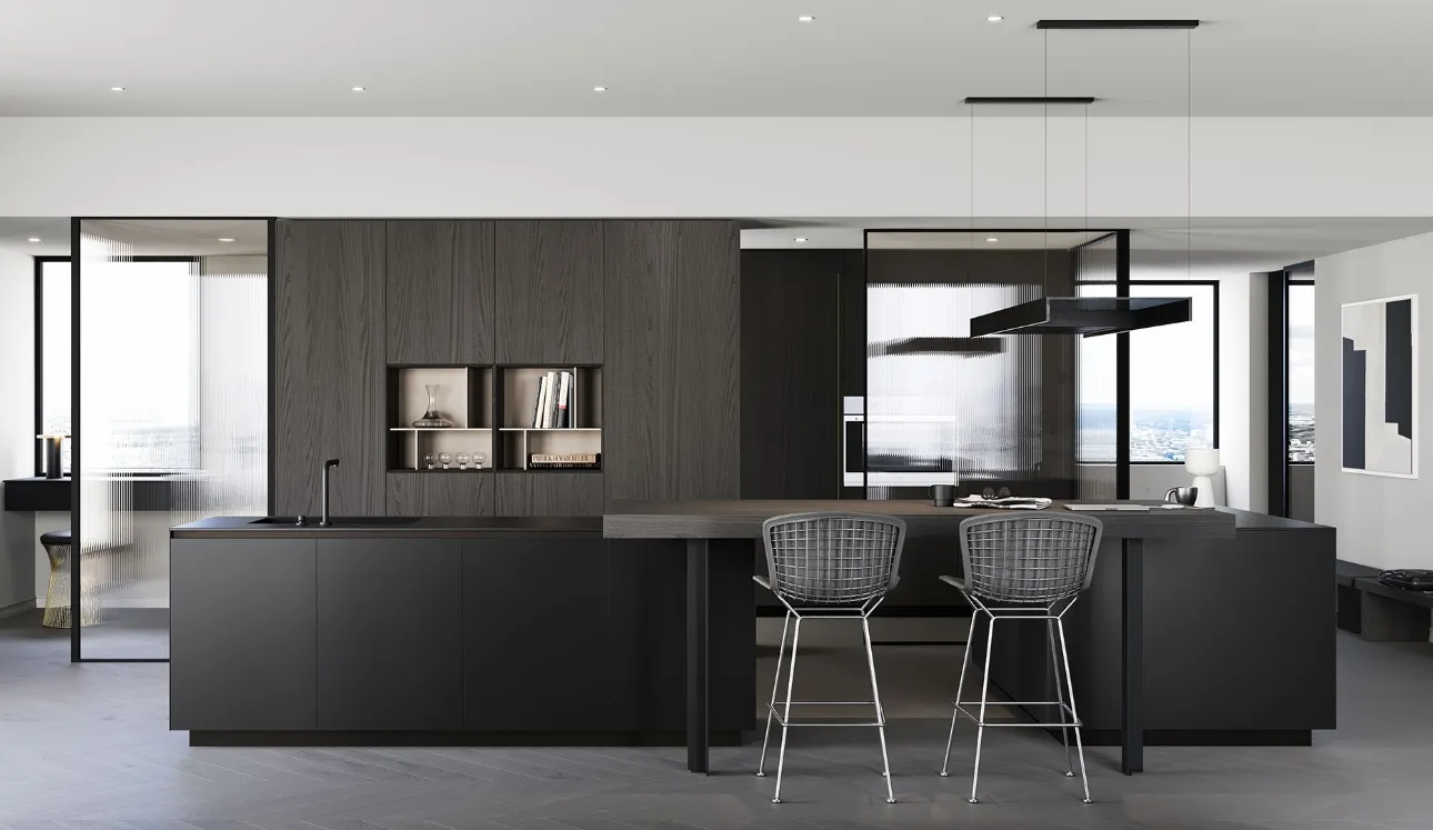 Cucina Design con isola in laccato satinato e rovere moro Sistemi 3|1|A22 di Copat Life