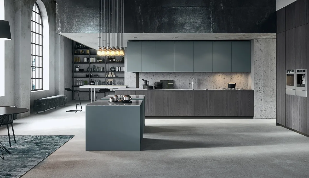 Cucina Design con penisola finitura Olmo e laccato opaco con top in acciaio Sistemi 3|1|O di Copat Life