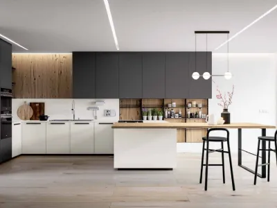 Cucina Design con penisola Fly&Keaton 03 in laccato opaco bianco e ardesia e legno di briccola naturale di Nova Cucina