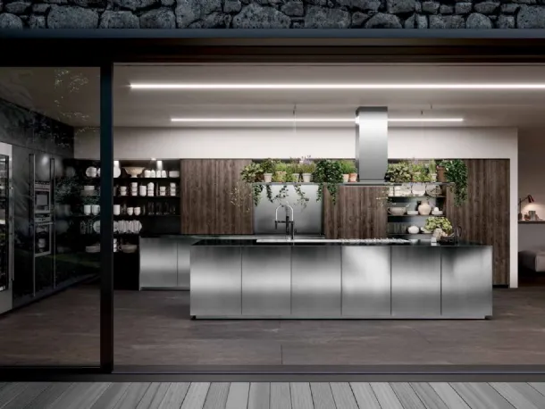 Cucina Design lineare Fly&Keaton 04 in acciaio Inox, Abete moka e laccato metallo ferro naturale di Nova Cucina